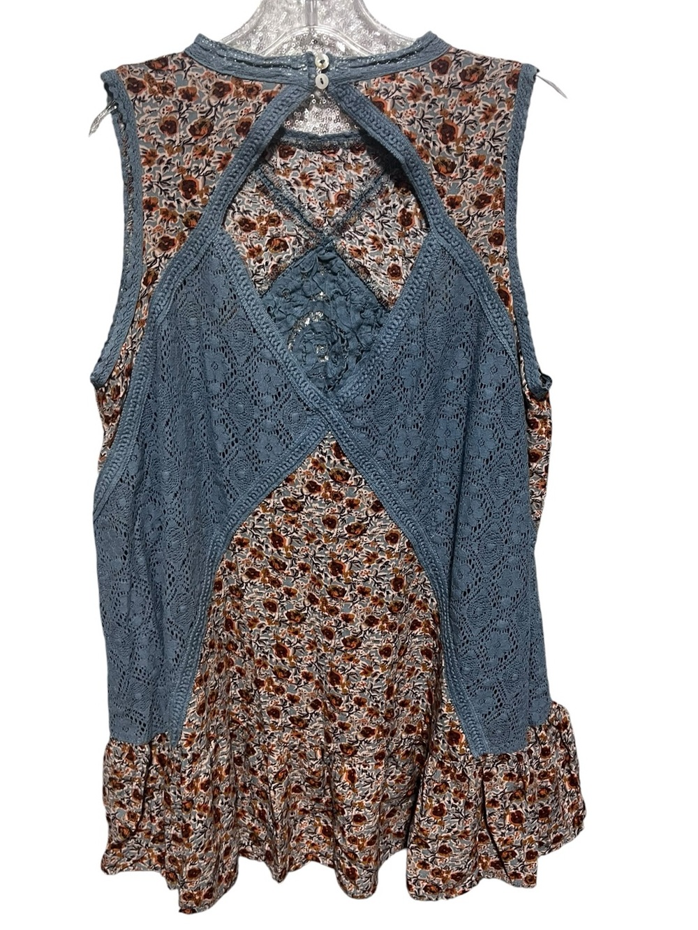Umgee Blue Lace & Floral Sleeveless Peasant Top - Picture 3 of 6